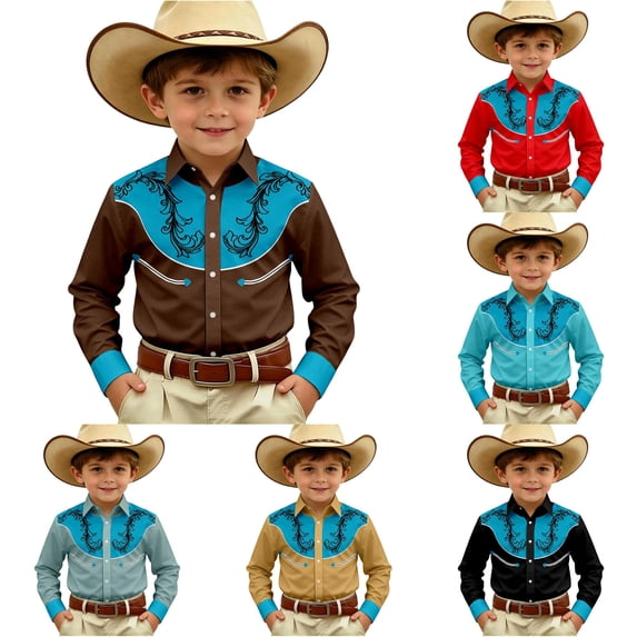 Gunia Western Cowboy Shirts For Boys Long Sleeve Print Shirt Tops Casual Button Up Blouse Youth Shirts For Toddler Boys Brown 4-5 Years