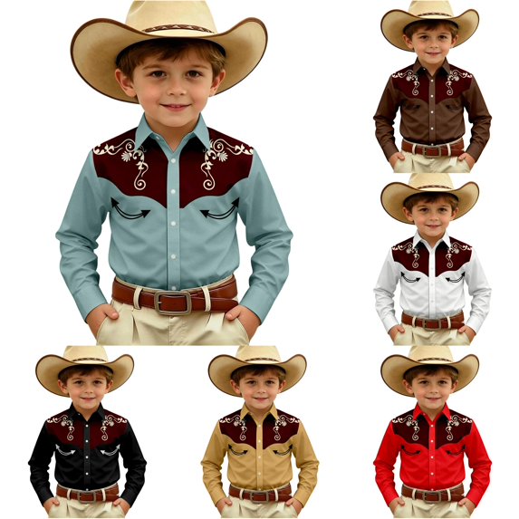 Gunia Western Cowboy Shirts For Boys Long Sleeve Print Shirt Tops Casual Button Up Blouse Youth T Shirts For Boys Army Green 8-9 Years