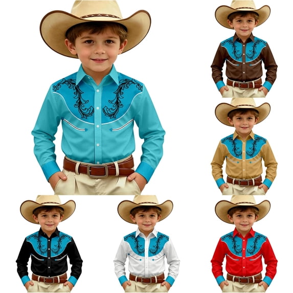 Gunia Western Cowboy Shirts For Boys Long Sleeve Print Shirt Tops Casual Button Up Blouse Youth Toddler Boys Tshirts Sky Blue 4-5 Years