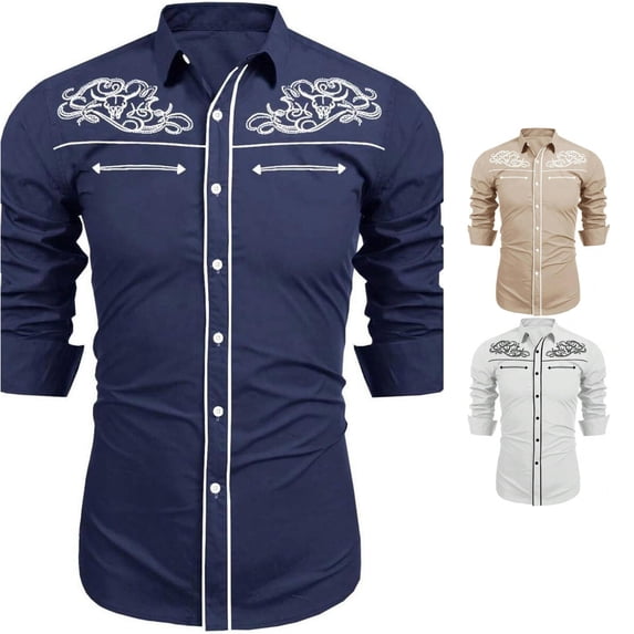 Gunia Western Cowboy Shirts For Men Long Sleeved Casual Button Down Shirt Tops Mens Tshirts Navy L