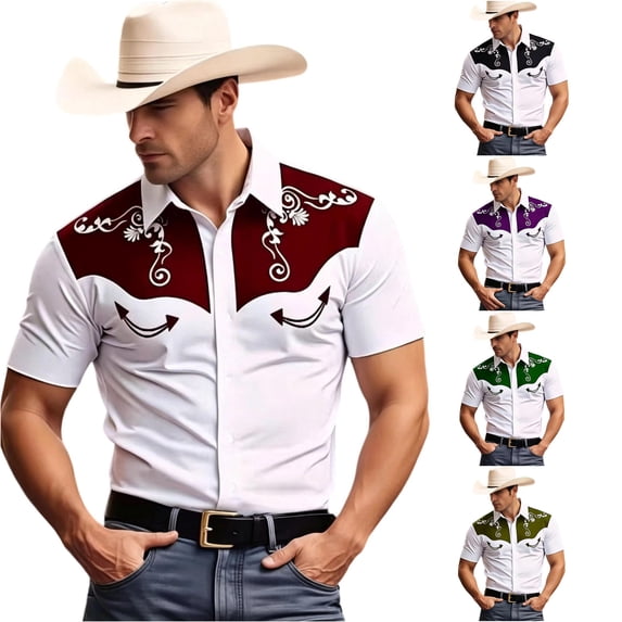 Gunia Western Cowboy Shirts For Men Short Sleeve Button Down Shirt Casual Blouse Breathable Summer Tops Men'S Shirts Red M