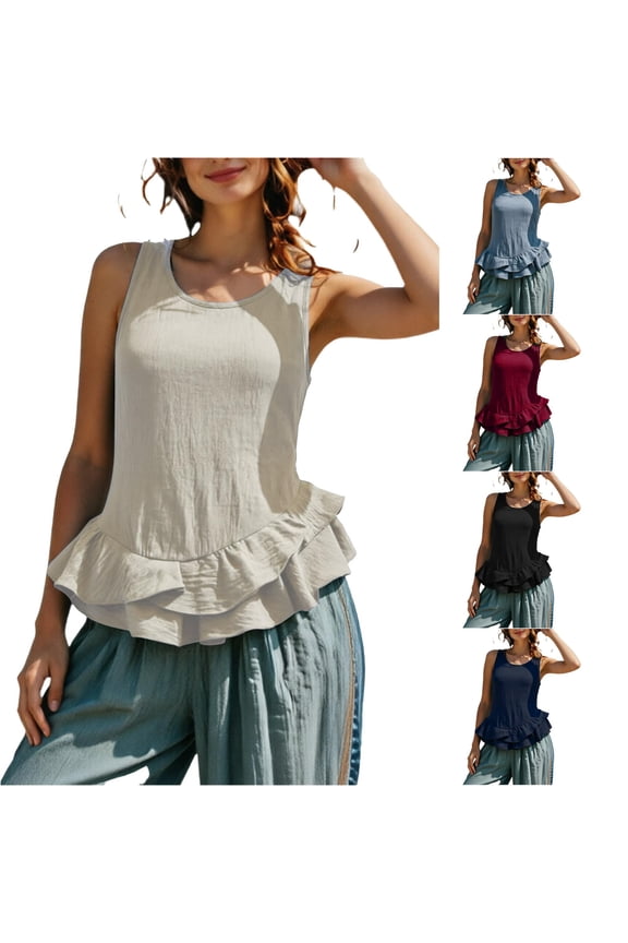 White Cami Tank Top Women Sleeveless Ruffle Casual Knit Crew Neck Flowy Hemline Layering Undershirt Ribbed Stretch Comfort Breathable Summer Women Tank Tops Camisole