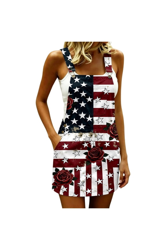 Women 4Th Of July Overalls Dresses Patriotic Casual America Independence Day 250Th Anniversary Sleeveless Star Print Overalls Dresses Patriotic Ladies Comfy Clothes Summer Red