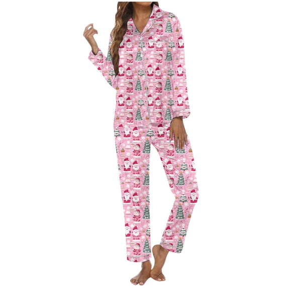 Gunia Women Christmas Pajamas Sets Pink Xmas Tree Printed Button Pocket Long Sleeved Pants Home Jammies Set Skin-Friendly Nightwear Size S-Xxl