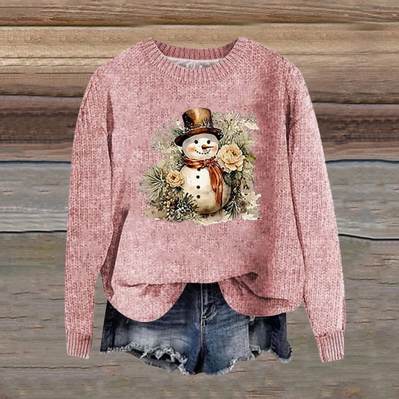 Gunia Women Christmas Sweaters Knit Tops Snowman Pullover Fall Winter Xmas Sweater Warm Crew Neck Pink Fashion Sweater for Women,Size S-Xxl