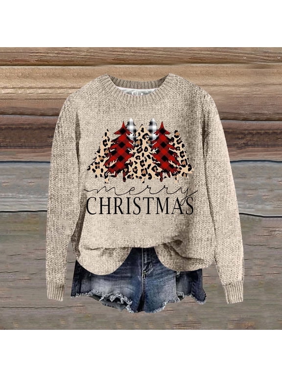 Women Christmas Sweaters Retro Knit Tops Plaid Christmas Tree Pullover Fall Winter Oversized Xmas Sweater Warm Loose Beige Fashion Sweater,Size Xs-6Xl