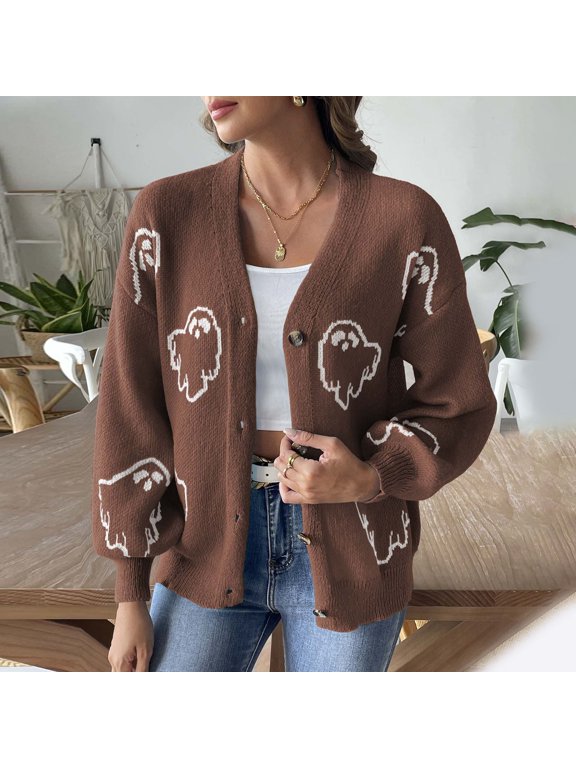 Women Halloween Cardigan Sweaters Jacquard Knit Tops Ghost Button Up Fall Winter Sweater Button Down Loose Casual Outerwear Trendy Sweater,Size S-Xl