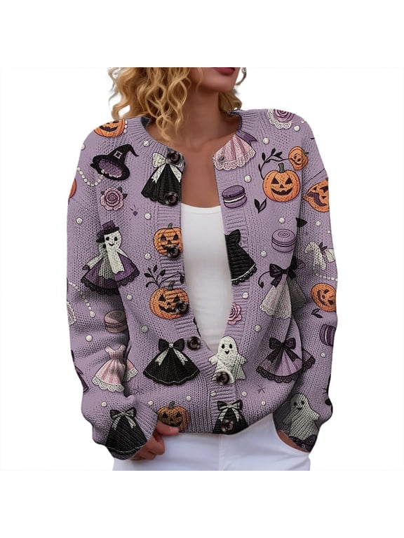 Women Halloween Cardigan Sweaters Oversized Knit Tops Pumpkin Ghost Button Up Fall Winter Sweater Cozy Jacket Outerwear Purple Trendy Sweater,Size S-6Xl