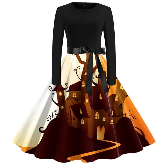 Gunia Women Halloween Dresses Festival Trendy Halloween Print Graphic Dresses With Tie Comfortable Elegant For Party Comfy Clothes Yellow