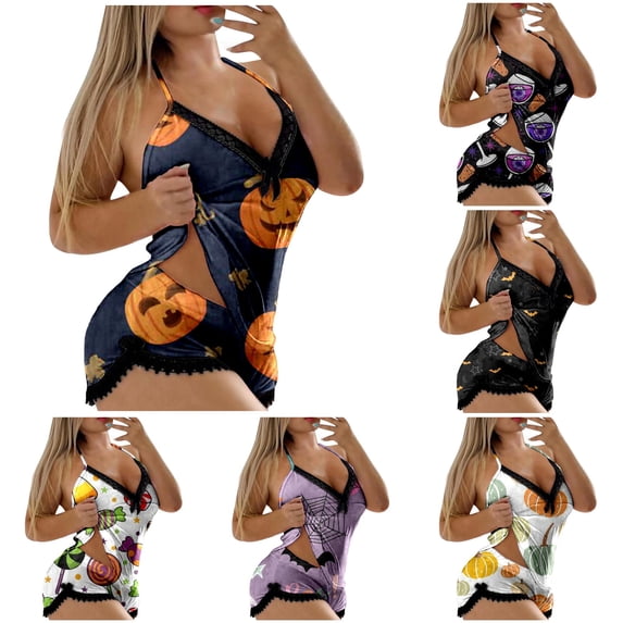 Gunia Women Halloween Pajamas 2 Piece Lace Print Sleeveless Camisole Tank Top And Shorts Set Pjs Jammies Orange S
