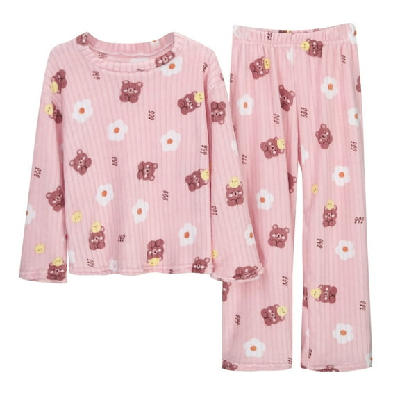 Gunia Women Pajama Sets Solid Color Teddy Bear Jacquard Flannel Warm Suit Winter Thick Warm Home Clothes Pj'S Pink