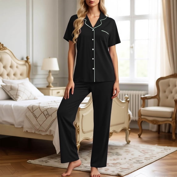 Gunia Women Pajamas Summer Short Sleeve Pajama Button Down Shirt Collar Comfortable Wear Two Piece Outfit Sleepwear Pjs S-2Xl
