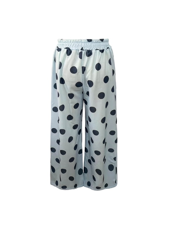 Women Palazzo Pants Polka Dot Print Elastic Waisted Trousers With Pockets Loose Fit Casual Wear Baggy Pants,Sky Blue,Size S-Xxl