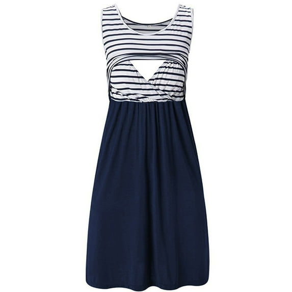 Gunia Women Pregnant Maternity Sleeveless Stripe Printed Tank Dress Breastfeeding Summer Maternity Sleepwear Breathable