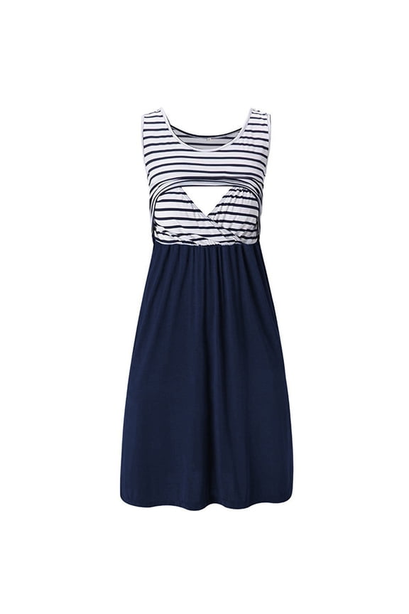 Women Pregnant Maternity Sleeveless Stripe Printed Tank Dress Breastfeeding Summer Maternity Sleepwear Soft