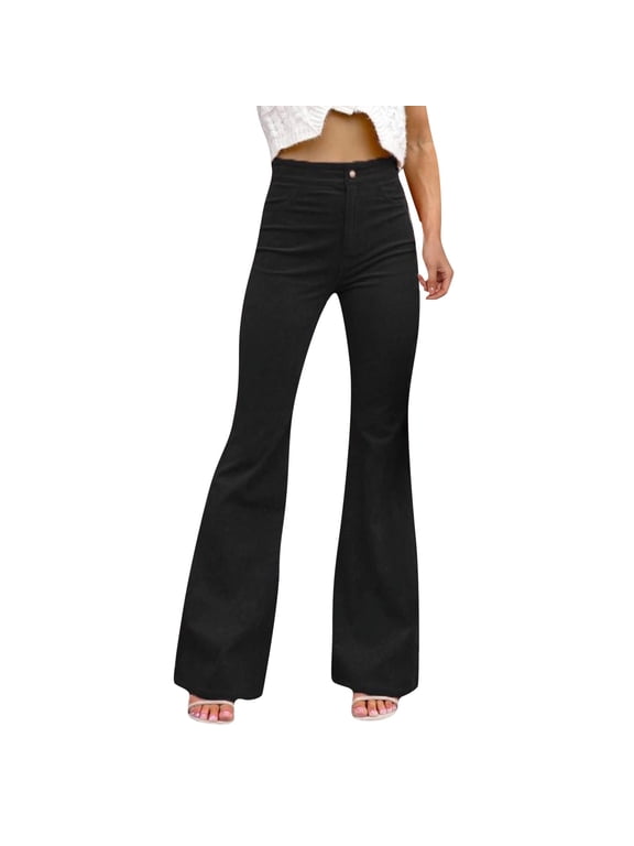 Women'S Corduroy Flare Pants Solid Color Button Down Trousers With Pockets Stylish Fit Street Wear Pants,Black,Size S-Xxl