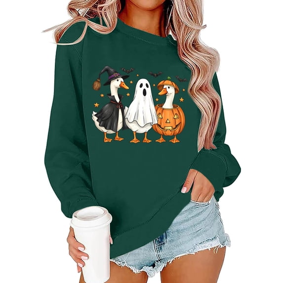 Gunia Women'S Halloween Ghost Sweatshirt Pumpkin Animal Print Pullover Hoodless Sweatshirt Long Sleeve Casual Crewneck Fall Tops Fashion Clothes Green S-2Xl
