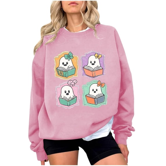 Gunia Women'S Halloween Ghost Sweatshirts Fashion Cute Casual Print Round Neck Hoodless Long Sleeve Hoodie Pullover Tops Fall Trendy Clothes Pink S-2Xl