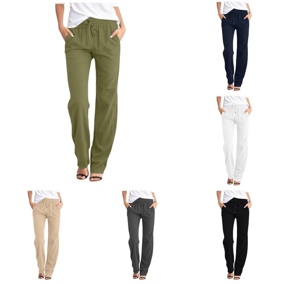 Gunia Women'S Linen Pants High Waisted Solid Straight Pants Waist Long Casual Elastic Drawstring Pants With Pockets Summer Pants