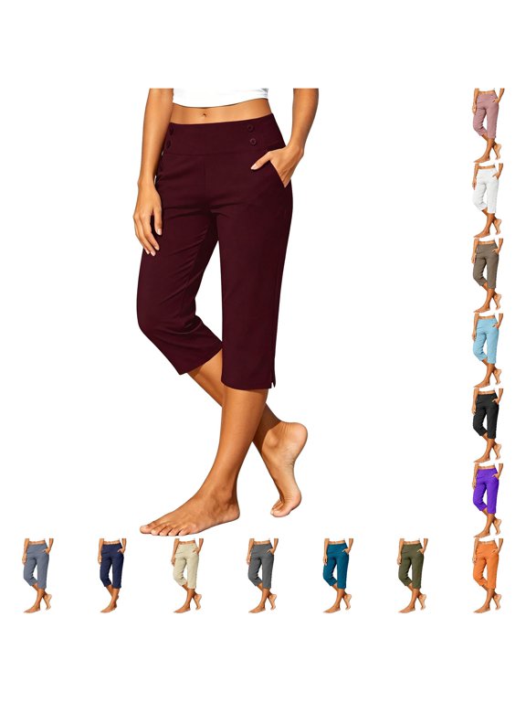 Women Stretch Yoga Capri Pants Button Front Casual Workwear Cropped Pants Workout Capris Trousers,Size S-5Xl