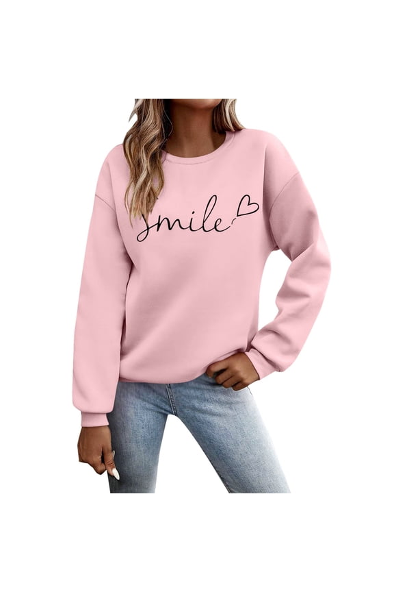 Women Sweatshirt Smile Print Outdoor Workout Solid Long Sleeve O Neck T Shirt Pullover Tops Sweatshirt Fall Fashion Clothes Pink S-2Xl