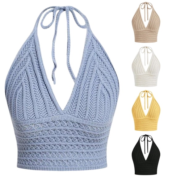 Gunia Women Tank Tops Summer V Neck Hollow Knit Camisole Sleeveless Beach Boho Casual Stretchy Comfortable Breathable Camisole Tops For Women Blue