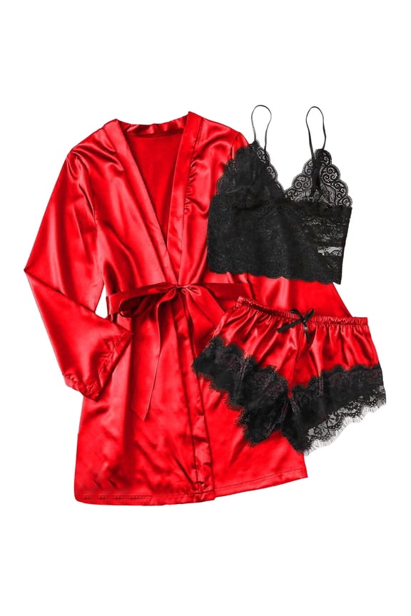 Women Valentines Pajama Sets Silk Satin 3Pcs Floral Lace With Robe Pj'S For Valentine's Day Red Xl