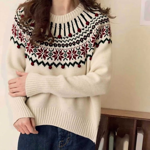 Gunia Women's Christmas Sweaters Jacquard Fair Isle Knit Tops Snowflake Pullover Fall Winter Xmas Sweater Loose White Trendy Sweater for Women,Size S-3Xl