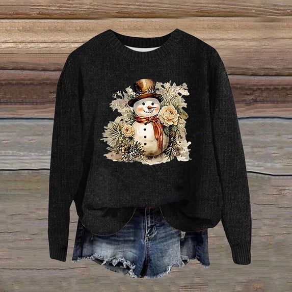 Gunia Women's Christmas Sweaters Knit Tops Snowman Pullover Fall Winter Xmas Sweater Warm Crew Neck Black Trendy Sweater for Women,Size S-Xxl