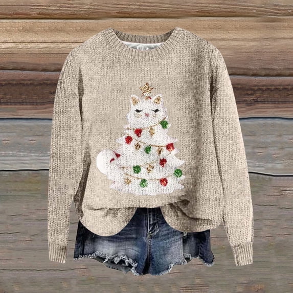 Gunia Women's Christmas Sweaters Retro Knit Tops Cute Cat Pullover Fall Winter Oversized Xmas Sweater Warm Loose Long Sleeve Beige Trendy Sweater,Size Xs-6Xl