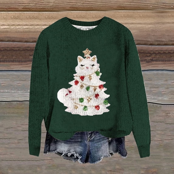 Gunia Women's Christmas Sweaters Retro Knit Tops Cute Cat Pullover Fall Winter Oversized Xmas Sweater Warm Loose Long Sleeve Green Trendy Sweater,Size Xs-6Xl