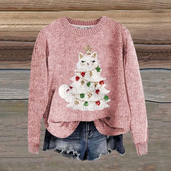 Gunia Women's Christmas Sweaters Retro Knit Tops Cute Cat Pullover Fall Winter Oversized Xmas Sweater Warm Loose Long Sleeve Pink Trendy Sweater,Size Xs-6Xl