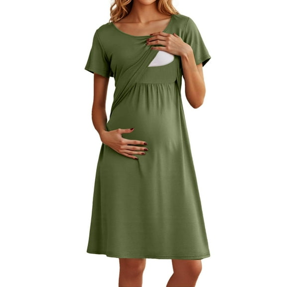 Gunia Women's Nursing Dress Nightgown Short Sleeve Patchwork Maternity Breastfeeding Knee Length Dresses,Maternity Summer Dress,L