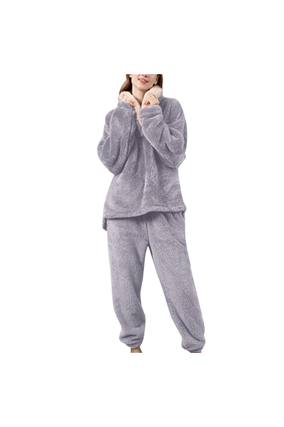 Women's Pajama Sets Winter Flannel Suit Cardigan Pjs Grey L