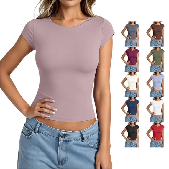 Gunia Womens Cap Sleeve T-Shirts Elegant Casual Crew Neck Tee Soft Short Sleeve Tops T Shirts Women Light Purple Xs