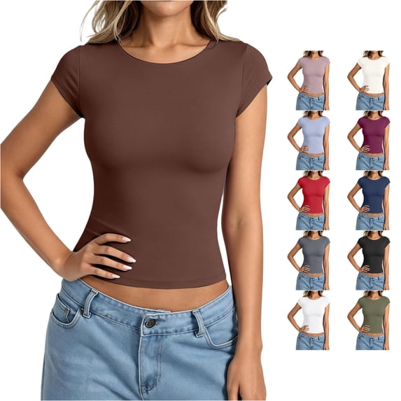 Gunia Womens Cap Sleeve T-Shirts Elegant Casual Crew Neck Tee Soft Short Sleeve Tops Tshirt Women Brown Xl