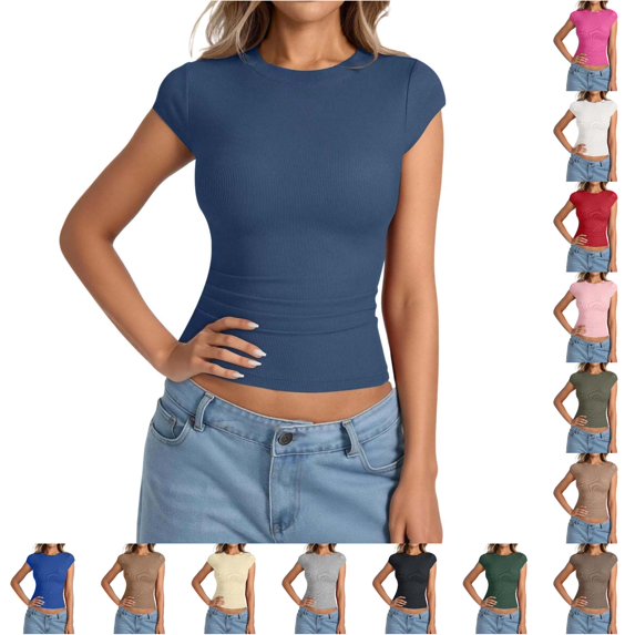 Gunia Womens Cap Sleeve T-Shirts Ribbed Knit T Shirt Short Sleeve Crew Neck Slim Fit Basic Top Soft Stretch Casual Tee Shirt Womens T Shirt Navy Xs