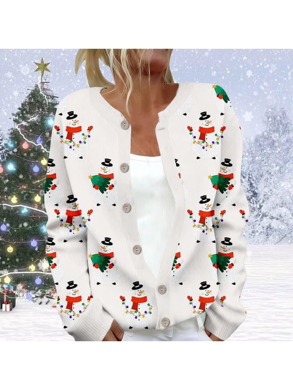 Womens Christmas Cardigan Sweaters Knit Tops Snowman Button Down Fall Winter Xmas Sweater Jacquard Coat Cozy Warm Casual Jacket White Fashion Sweater,Size S-Xxl