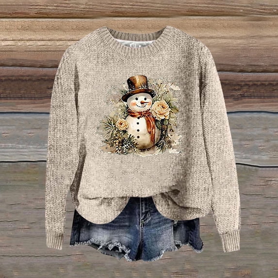 Gunia Womens Christmas Sweaters Knit Tops Snowman Pullover Fall Winter Xmas Sweater Warm Crew Neck Beige Fashion Sweater for Women,Size S-Xxl
