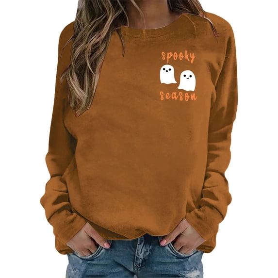 Gunia Womens Halloween Ghost Sweatshirt Casual Long Sleeve Crewneck Sweatshirt Loose Fit Print Fall Winter Pullover Tops Comfortable Wear Fashion Clothes Gold S-2Xl