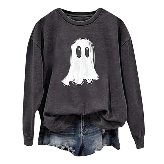Gunia Womens Halloween Ghost Sweatshirts Ladies' Long Sleeve Autumn Graphic Cute Printed Lightweight Hoodie Pullover Tops Fall Fashion Clothes Grey S-2Xl