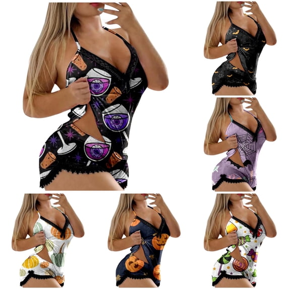 Gunia Womens Halloween Pajama Set 2 Piece Lace Print Sleeveless Camisole Tank Top And Shorts Set Pjs Jammies Purple 2Xl