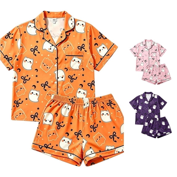 Gunia Womens Halloween Pajamas Set Ghost Graphic 2 Piece Cozy Short Sleeve Button Up Tops With Shorts Home Leisure Wear Pjs Sleepwear Orange S