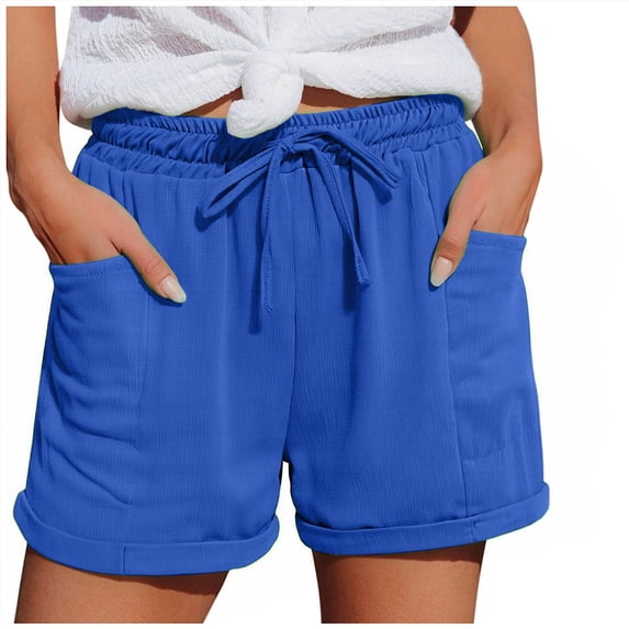 Gunia Womens High-Waisted Basic Shorts Stretch Stretchy Summer Lose Fitting Wide-Leg Shorts Pockets Short Pants Trendy Casual Breathable Ladies Comfy Clothes Blue