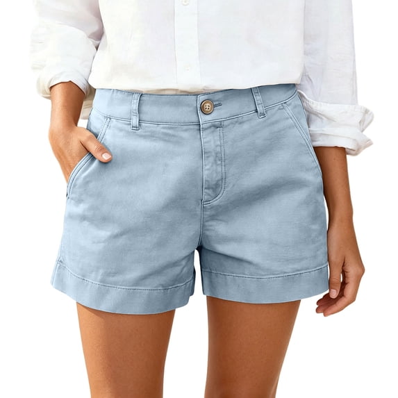 Gunia Womens High-Waisted Basic Shorts Stretch Stretchy Wide-Leg Lose Cargo Shorts Pockets Button Short Pants Lightweight Daily Wear Ladies Comfy Clothes Blue