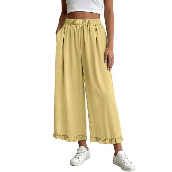 Gunia Womens Linen Pants Casual Wide Leg Pants Relaxed Fit Trousers With Fringe Detail Cropped Summer Pants