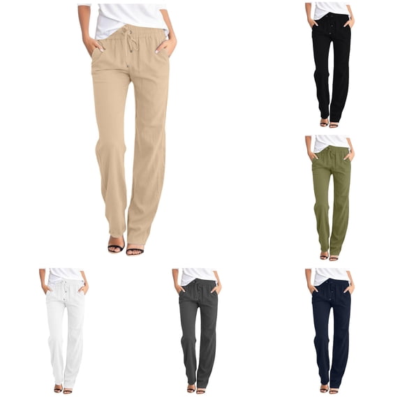 Gunia Womens Linen Pants High Waisted Solid Straight Pants Waist Long Casual Elastic Drawstring Pants With Pockets Summer Pants