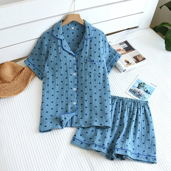Gunia Womens Pajama Set Cotton Crepe Summer Thin Soft Lapel Short Sleeved Shorts Loving Home Wear Pajamas Set Loungewear Pjs M-Xl