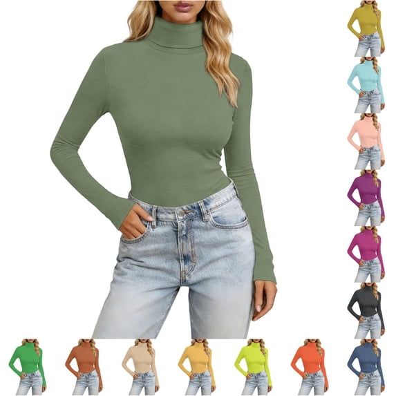 Gunia Womens Shirt Slim Fit Long Sleeve High Neck Stretch Casual Basic Solid Color Tee Shirt Tops Women Tshirts Army Green 4Xl