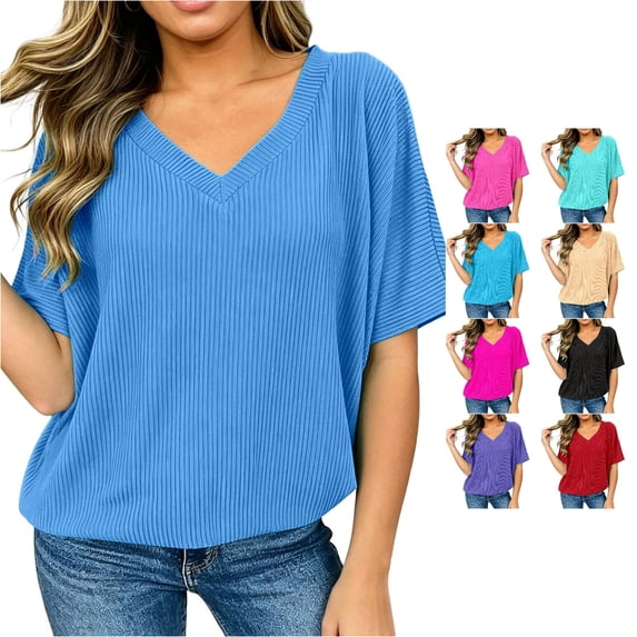 Gunia Womens T Shirt Plus Size V Neck Summer T Shirt Casual Loose Solid Color Batwing Shirt Soft Ribbed Short Sleeve Basic Tops T Shirts For Women Blue M